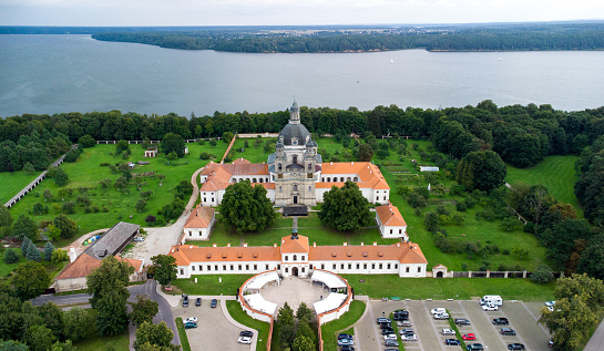 An aerial view of Pazaislis Monastery among the beautiful nature in Kaunas, Lithuania