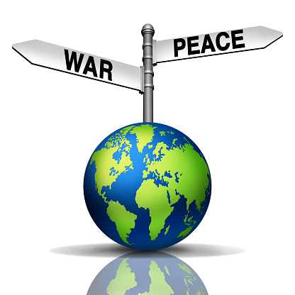 Global War Or Peace as conflict versus diplomacy with the world and street signs going in different geopolitical directions as a metaphor for negotiating a treaty through international diplomat agreement as a 3D render.