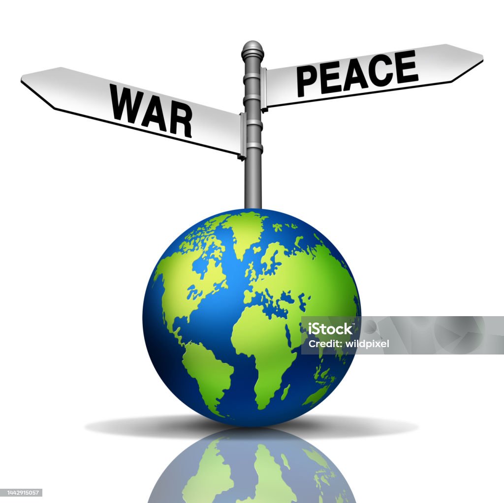 Global War Or Peace Global War Or Peace as conflict versus diplomacy with the world and street signs going in different geopolitical directions as a metaphor for negotiating a treaty through international diplomat agreement as a 3D render. 2021–2022 Russo-Ukrainian Crisis Stock Photo
