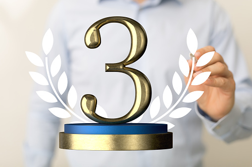 A 3D rendered number 3 presented to a businessman for three years or third place digital award