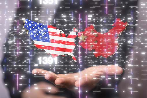 the male hands with 3D render of usa and china trade partner maps