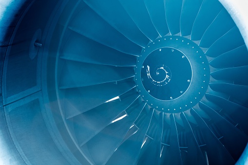 Technical 3D illustration of a modern airplane jet engine.