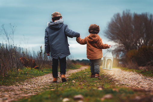 A beautiful shot of two baby boys walking along a path and holding each others hands, Spain