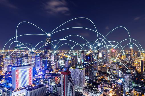 Beautiful panorama cityscape with network and connection technology concept, internet globalization concept