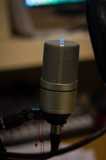 istock Vertical shot of a microphone in a studio 1442918021