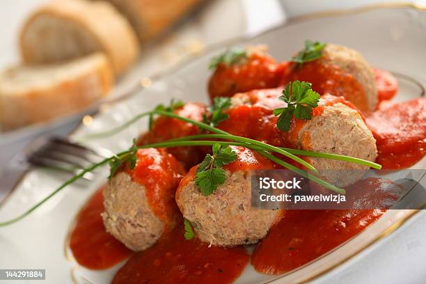 Meatball With Tomatoes Dressing Stock Photo - Download Image Now - Bread, Chive, Crockery