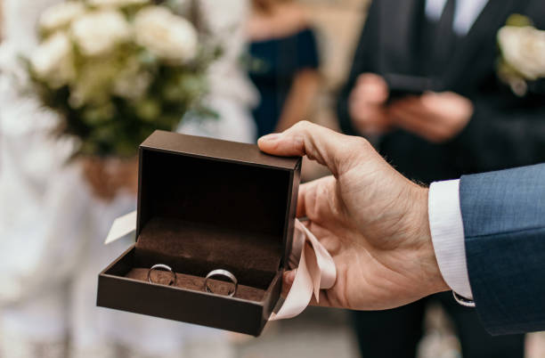 istock Selective focus image of best man holding box with wedding rings. 1442919152