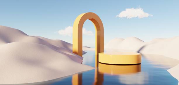 istock Abstract Dune cliff sand with metallic Podium stand platform. Surreal Desert natural landscape background. Scene of Desert with glossy metallic arches geometric design. 3D Render. 1442919256