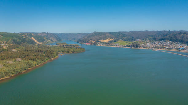 Rio Maule, constitucion, chile, horizontal aerial view with drone of the river Rio Maule, constitucion, chile, horizontal aerial view with drone of the river, nature landscape constitucion photos stock pictures, royalty-free photos & images