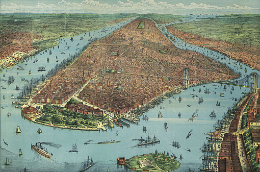 An old vintage colorful map of New York City with the Brooklyn bridge dated back to 1876