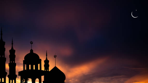 istock Mosques Dome,Crescent Moon on Sunset Twilight Sky Background 1442921262