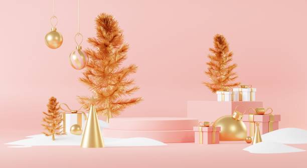 istock 3d Abstract podium stage platform with minimal Christmas and New year event background. Merry Christmas scene for product display or mock up banner. Empty stand pedestal decor in Xmas winter scene. 1442921398
