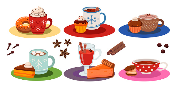 Hot drinks with baked treats cartoon illustrations set. Cups or mugs of coffee or hot chocolate and pastry isolated on white background. Beverage, Christmas or winter holidays, coziness concept