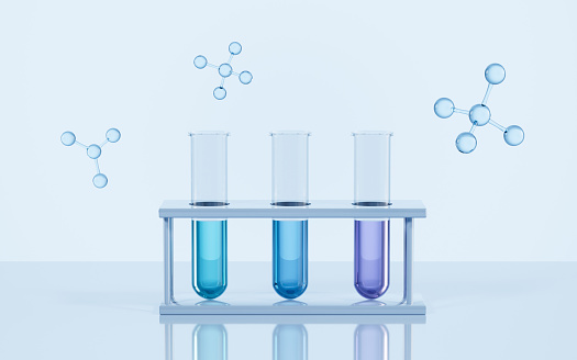 3d bottles and test tube with formulas