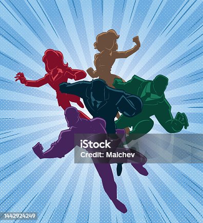istock Super Business Team Colorful Silhouettes to Rescue 1442924249