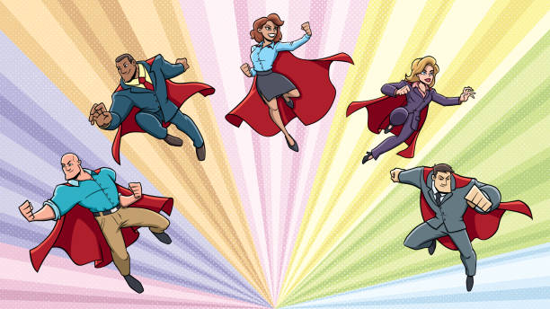 ilustrações, clipart, desenhos animados e ícones de equipe de super heróis de negócios em ação - cape cobra