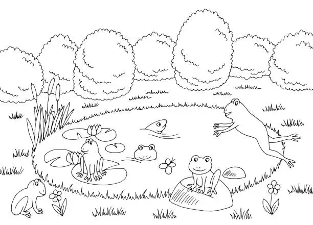 Vector illustration of Funny frog pond graphic black white landscape sketch illustration vector