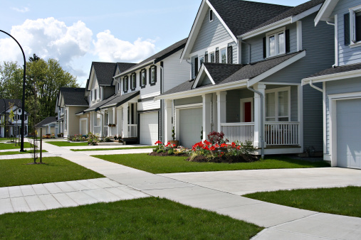 Dwelling exterior scene includes houses with solar panels . (3d render)