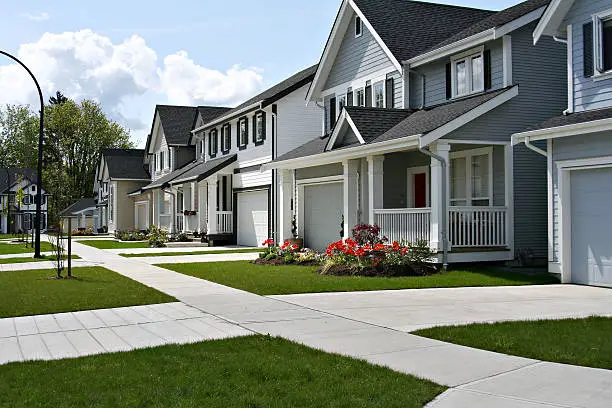 Small town residential street of new town homes. 