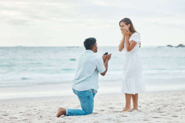 istock Love, couple and beach engagement proposal for marriage, partnership and commitment on ocean sea sand. Wow, shocked and surprised woman with romantic man on one knee presenting a union wedding ring 1442930735