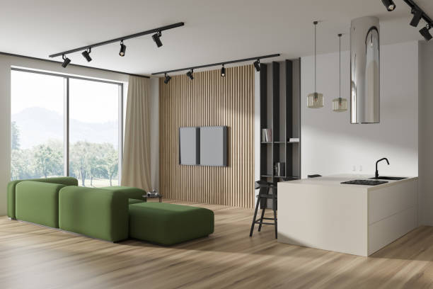istock Stylish studio interior with relax and cooking area, tv set and panoramic window 1442930752