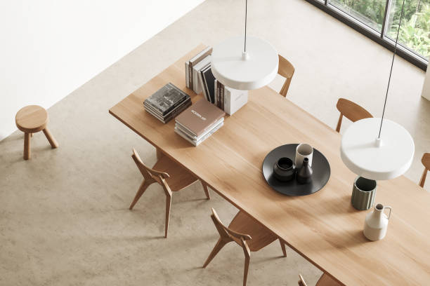 istock Top view of meeting corner interior with table and chairs, panoramic window 1442930993