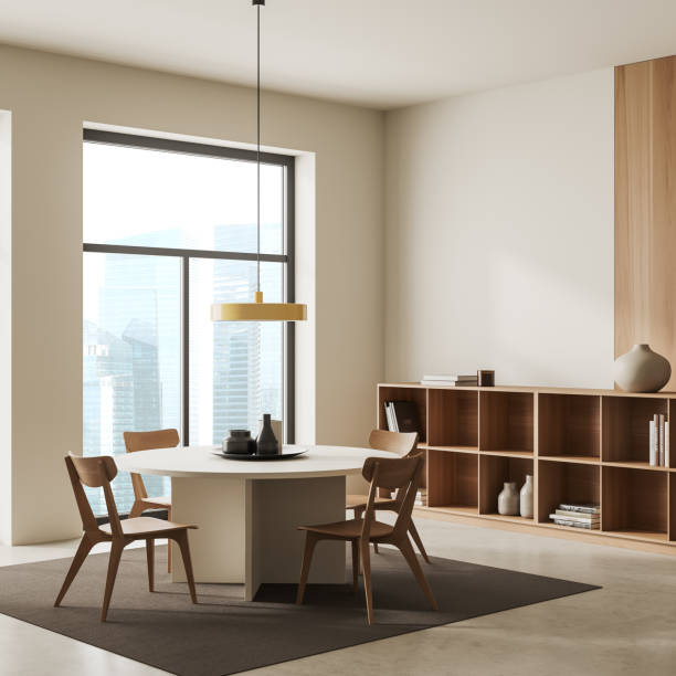 istock Light living room interior with dining table and seats, panoramic window. Mockup 1442931167