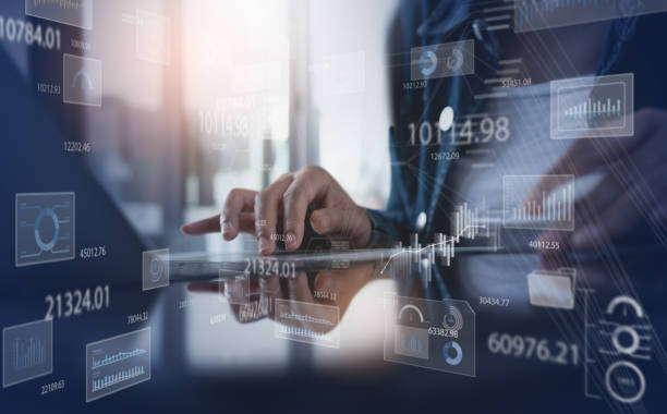 istock Data analysis, business analytics concept. Businesswoman working on laptop computer in modern office with financial graph, economic growth chart, big data 1442931284