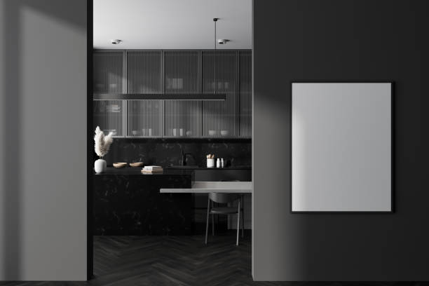 istock Grey kitchen interior with bar table and chairs, cooking space. Mockup frame 1442932119