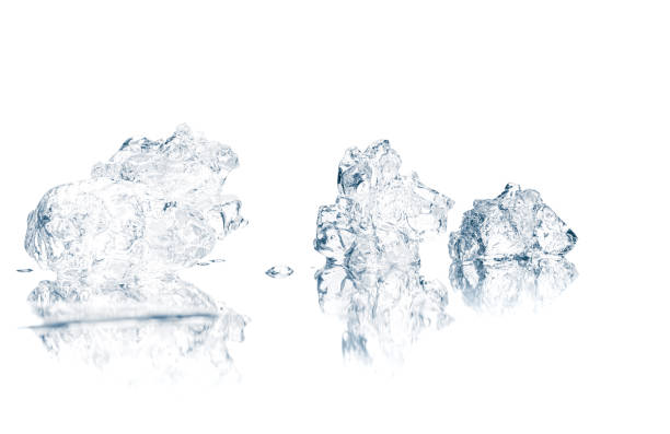 istock Natural crystal clear crushed ice, melting ice cubes on the white reflective surface background. 1442932463
