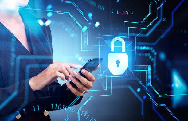 istock Businesswoman finger touch phone and cybersecurity hologram, lock with binary 1442932534