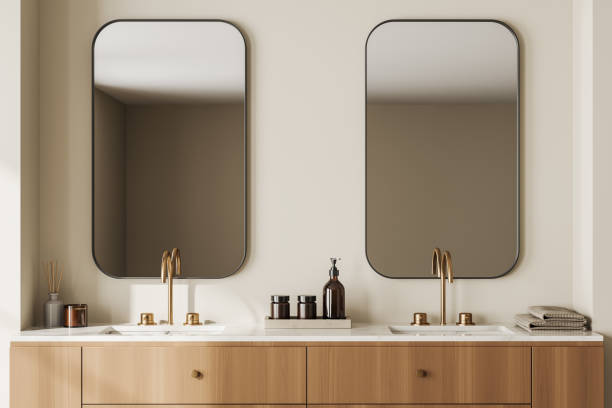 istock Light bathroom interior with double sink and mirror, accessories 1442932633