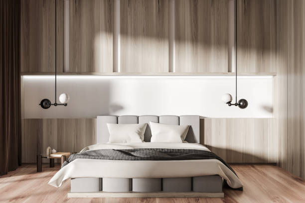 istock Light bedroom interior with bed and nightstand with decoration 1442932751