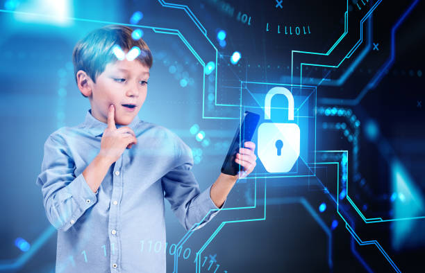 istock Kid boy with phone, cybersecurity hologram and lock with binary 1442932919
