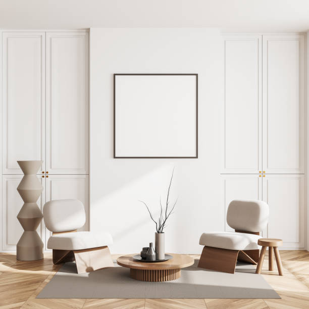 istock Light relax interior with seats and coffee table with decoration, mockup frame 1442933460
