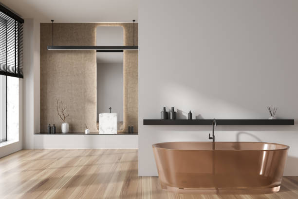 istock Light bathroom interior with bathtub and sink. Mockup empty wall 1442933632