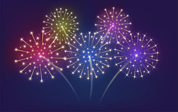 istock Festive bursting fireworks in various colors. Bright traditional lights with stars and sparks. 1442933767