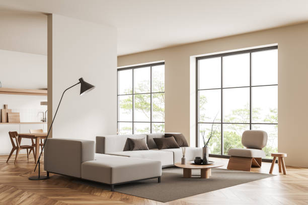 istock Cozy studio interior with lounge and cooking zone, panoramic window 1442933792