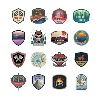 Hiking Badges Set. Vintage looking camping, travel, adventure badges, labels. Nature emblems vector templates