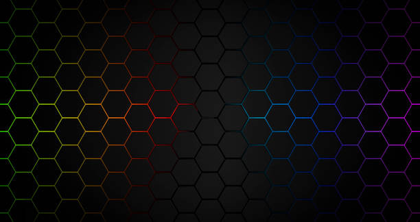 istock 3d hexagon black background. Technology abstract geometry dark backdrop with honeycomb and neon texture. Science, technology, network concept 1442935442