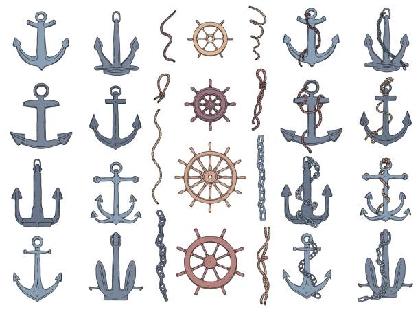 Set of anchors, rudders and ropes. Vector doodle sketch outline isolated illustration. Set of anchors, rudders and ropes. Vector doodle sketch outline isolated illustration anchor chain stock illustrations