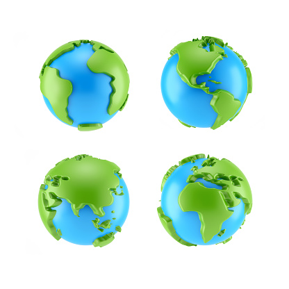 Cartoon planet Earth 3d icon set on white background. Ecology and environment illustration