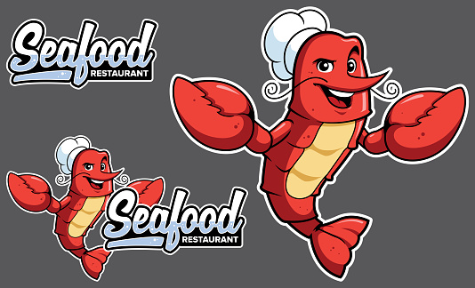Mascot design for seafood restaurant, with funny red lobster chef.
