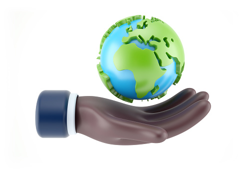 African american business hand holding blue earth, save earth 3d concept isolated on a white isolated background