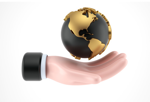 Business hand holding gold earth. Business concept, gold and oil industry. 3D render illustration isolated on white background