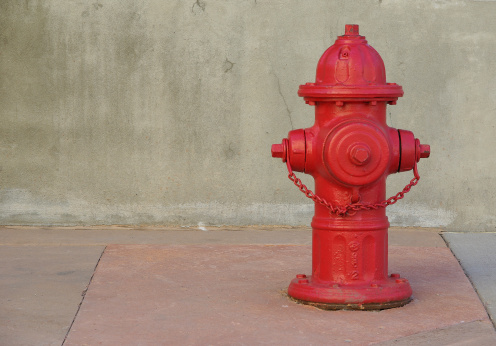 A bright red fire hydrant on a slate stone tile walkway on a sunny say.