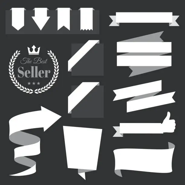 Vector illustration of Set of White Ribbons, Banners, badges, Labels - Design Elements on black background