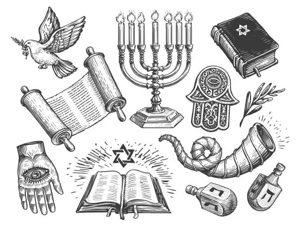 Vector illustration of Jewish set sketch. Religion concept vintage vector illustration. Torah scroll, Menorah, Shofar, Miriam hand symbols