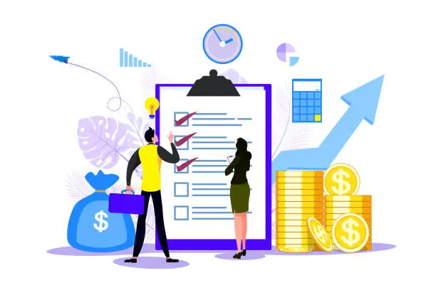 Vector illustration of Budget planning concept, financial analyst at checklist on paper, new plan financial graph data, financial report balance sheet statement