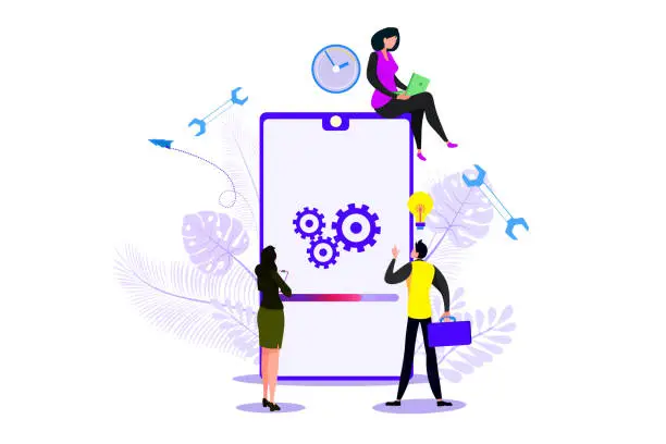Vector illustration of System Update Improvement Change New Version. Installing update process with people characters Suitable for web landing page, ui, mobile app, banner template